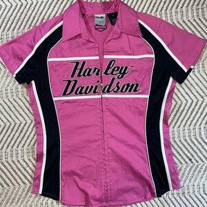 Harley-Davidson Women’s Pink Black Zip Front Mechanic Garage Shirt Size Medium